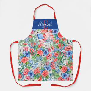 Rode Witte En Blauwe Bloemen Monogram 4 Juli Schort