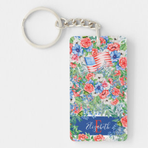 Rode Witte En Blauwe Bloemen Monogram 4 Juli Sleutelhanger