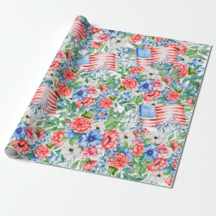 Rode Witte En Blauwe Bloemen Patriotisch 4 Juli Cadeaupapier