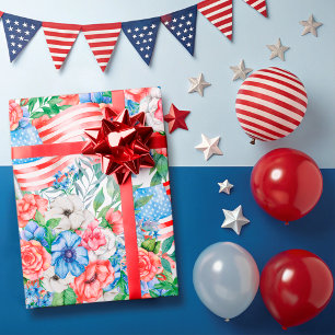 Rode Witte En Blauwe Bloemen  Patriottisch 4 Juli Cadeaupapier