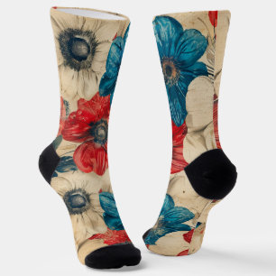 Rode witte en blauwe patriottische bloemen sokken