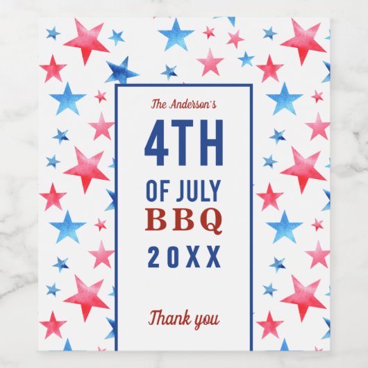 Rode Witte en Blauwe Sterren 4 juli Barbecue Wijn Etiket (Enkel label)