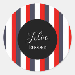 Rode, witte en blauwe strepen aangepaste naam ronde sticker