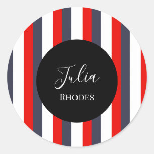 Rode, witte en blauwe strepen aangepaste naam ronde sticker
