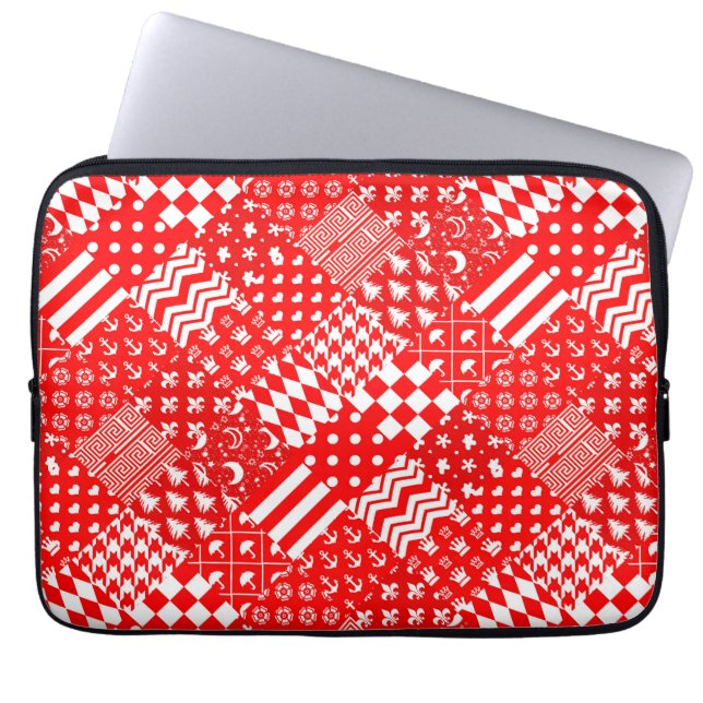 Rode Witte Gemengde Patchwork Patchwork Ontwerp Laptop Sleeve (Voorkant)