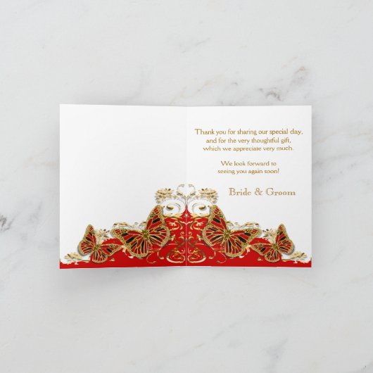 Rode witte gouden vlinder bruiloft bedankkaart (Binnen)