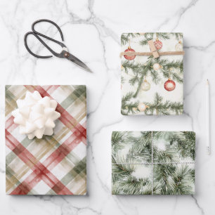 Rode Witte Groene Geruite Strepen Kerstboom Inpakpapier Vel