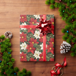 Rode Witte Groene Poinsettia Bloemen Patroon Cadeaupapier