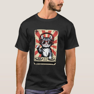 Rode Witte Kitten DJ op Draaitafels EDM Synthesize T-shirt