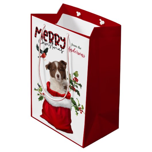 Rode witte rand Collie Puppy Dog Kerstmis Medium Cadeauzakje (Achterkant Gekanteld)