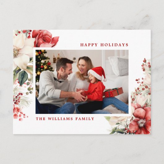 Rode & Witte Roos Kerst Foto Feestdagenkaart (Voorkant)