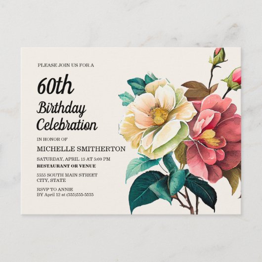 Rode witte rozen Vrouwen 60ste verjaardag Uitnodiging Briefkaart (Voorkant)