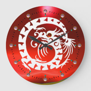 RODE WITTE SCHERM DRAGON MET PINKGEMSTONES GROTE KLOK