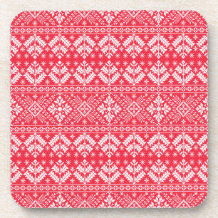 Rode & Witte Sneeuwvlok & Bloemige Fair Isle Kerst Bier Onderzetter
