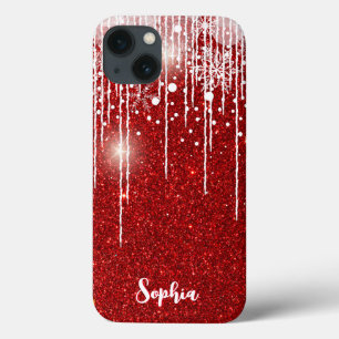 Rode Witte Snowy Druppelende Sneeuwvlok Custom Nam iPhone 13 Hoesje