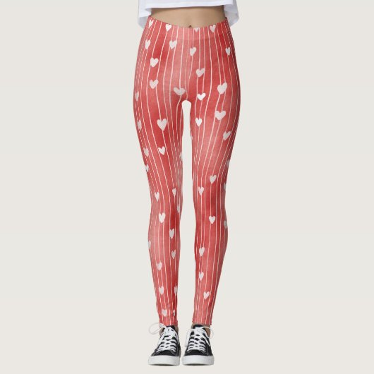 Rode Witte Strepen Harten Leggings (Voorkant)