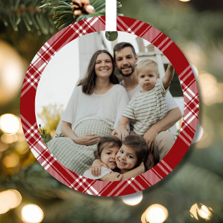 Rode Witte Tartan Schotse Ruit Familie Foto Orname Metalen Ornament