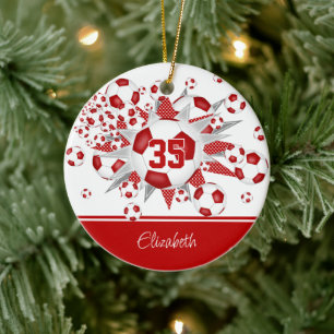 Rode witte voetballen sterren gepersonaliseerd keramisch ornament