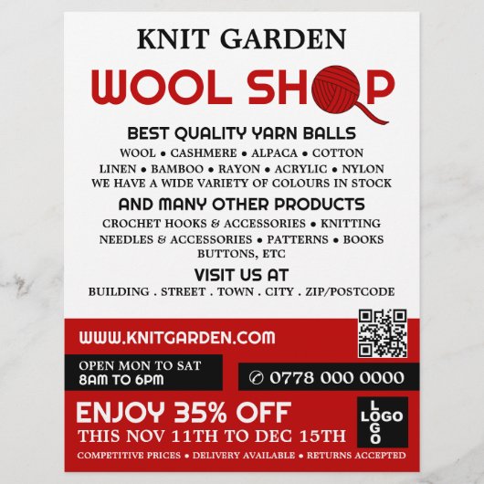 Rode wol Winkel, Knitting Store, Garnenwinkel Flyer (Voorkant)