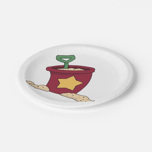 Rode zandemmer met ster en schop papieren bordje (Gekanteld)