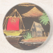 Rode Zeilboot Landschap Olie Schilderij Art Print Zandsteen Onderzetter (Voorkant)