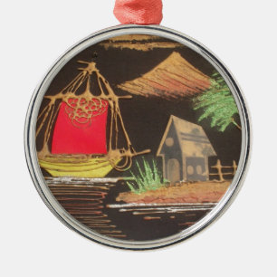 Rode zeilboot landschap olieverfschilderij kunstpr metalen ornament