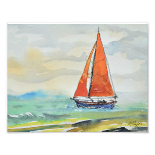 Rode Zeilboot Oceaanwind Foto Afdruk