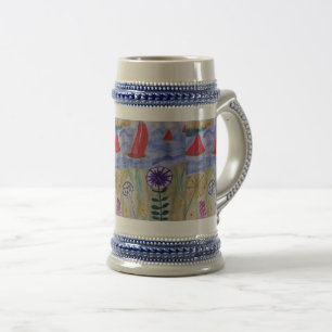 Rode zeilen en bloemen bierpul