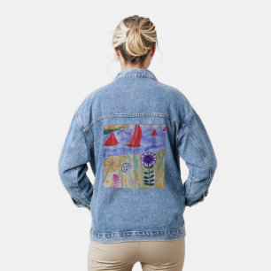 Rode zeilen en bloemen denim jacket