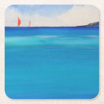 Rode zeilen op blauw water, Waterverf schilderen