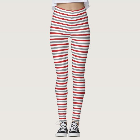 Rode zilver en witte kerststrepen leggings (Voorkant)