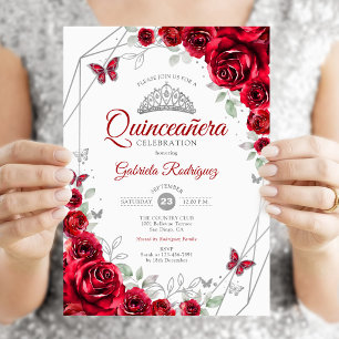 Rode Zilveren Bloemige Quinceanera Kaart