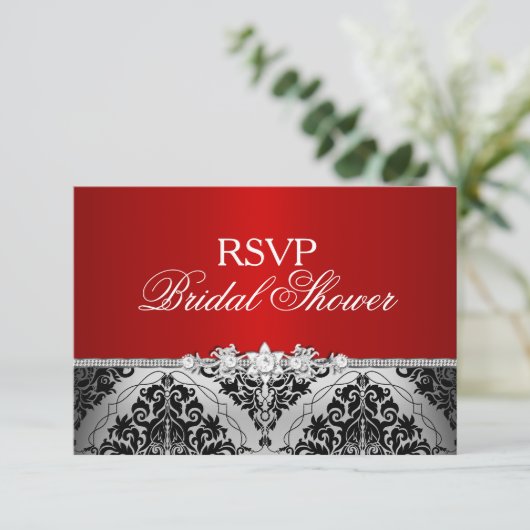 Rode Zilveren Damast & Juwelen Bruidsfeest RSVP (Staand voorkant)