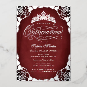Rode zilveren elegante script roos Quinceanera Folie Uitnodiging