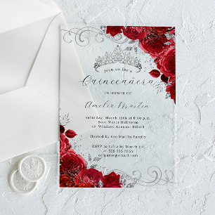 Rode Zilveren Heldere Acryl Bloemige Quinceanera Uitnodigingen