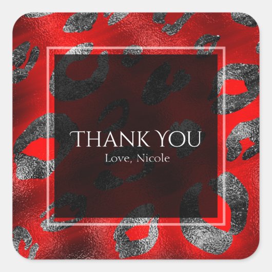 Rode & Zilveren Luipaard Print Party Favor Vierkante Sticker (Voorkant)