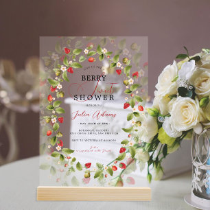 Rode Zoete Aardbei Wilde Bloem Krans Baby Shower Acryl Uitnodigingen