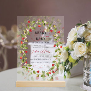 Rode Zoete Aardbei Wilde Bloemenkrans Baby Shower Acryl Uitnodigingen