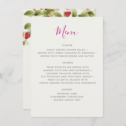 Rode Zoete Wilde Aardbeibloemen Bruiloft Menu (Voorkant / Achterkant)