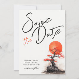 Rode zon en oude sakura bruiloft redden de datum save the date