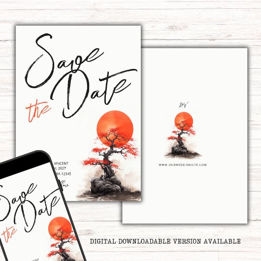 Rode zon en oude sakura bruiloft redden de datum save the date