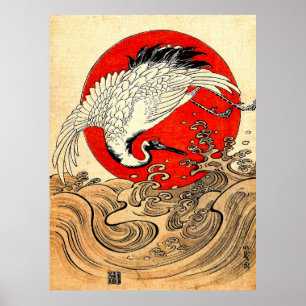 RODE ZON, JAPANSE Vliegende Kraanvogel EN ZEEGOLVE Poster