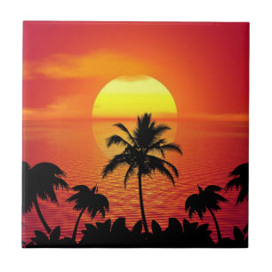 Rode Zon Tropisch Palmstrand Tegeltje