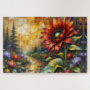Rode zonnebloem in vallei bij stroom legpuzzel