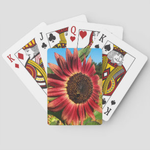 Rode zonnebloem met bijen pokerkaarten