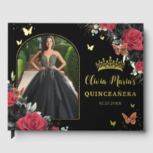 Rode & Zwarte Bloemenvlinders Quinceañera Foto Gastenboek