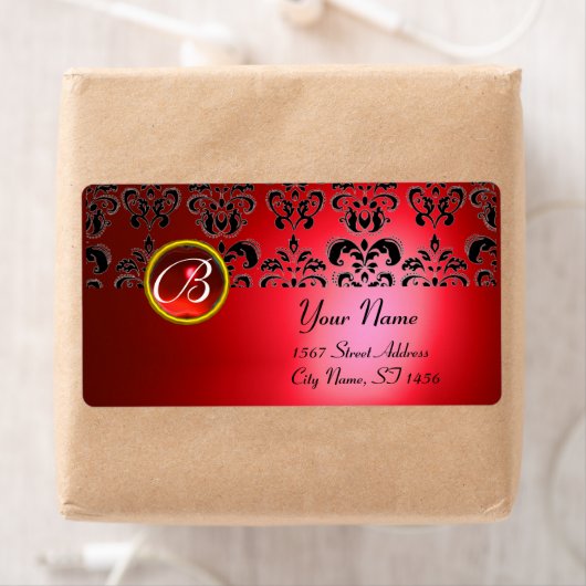 RODE ZWARTE DAMASKMONOGRAM, RUBY ETIKET (Insitu)