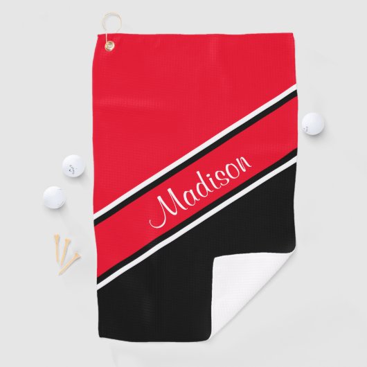 Rode zwarte diagonaal Stripe Script-naam Golfhanddoek (Insitu)