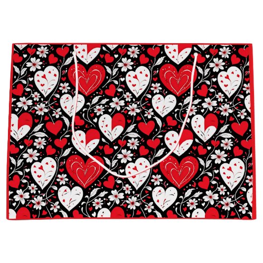 Rode, zwarte en witte harten en bloemen groot cadeauzakje (Voorkant)