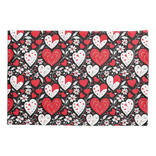 Rode, zwarte en witte harten en bloemen kussensloop (Achterkant-Links)